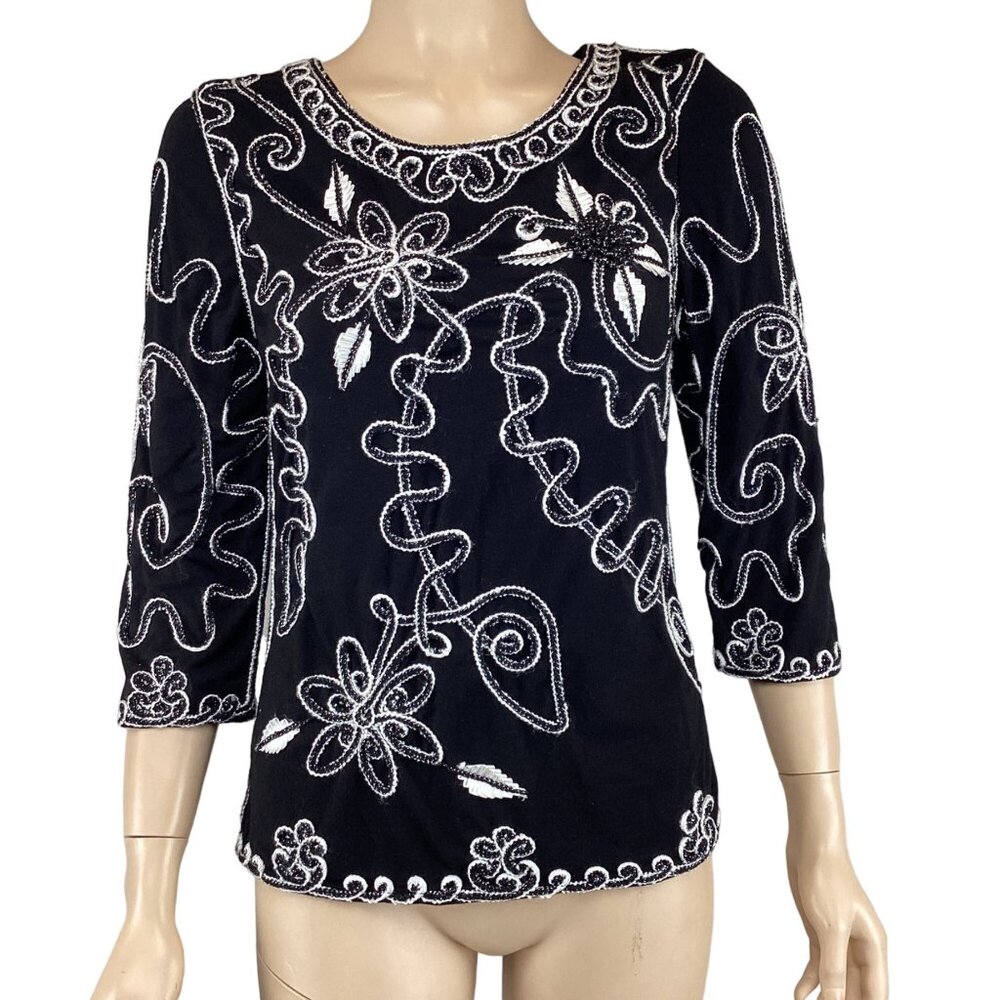 Lauren Michelle Vintage Top Size Small Cottagecore Black Embroidered Long Sleeve